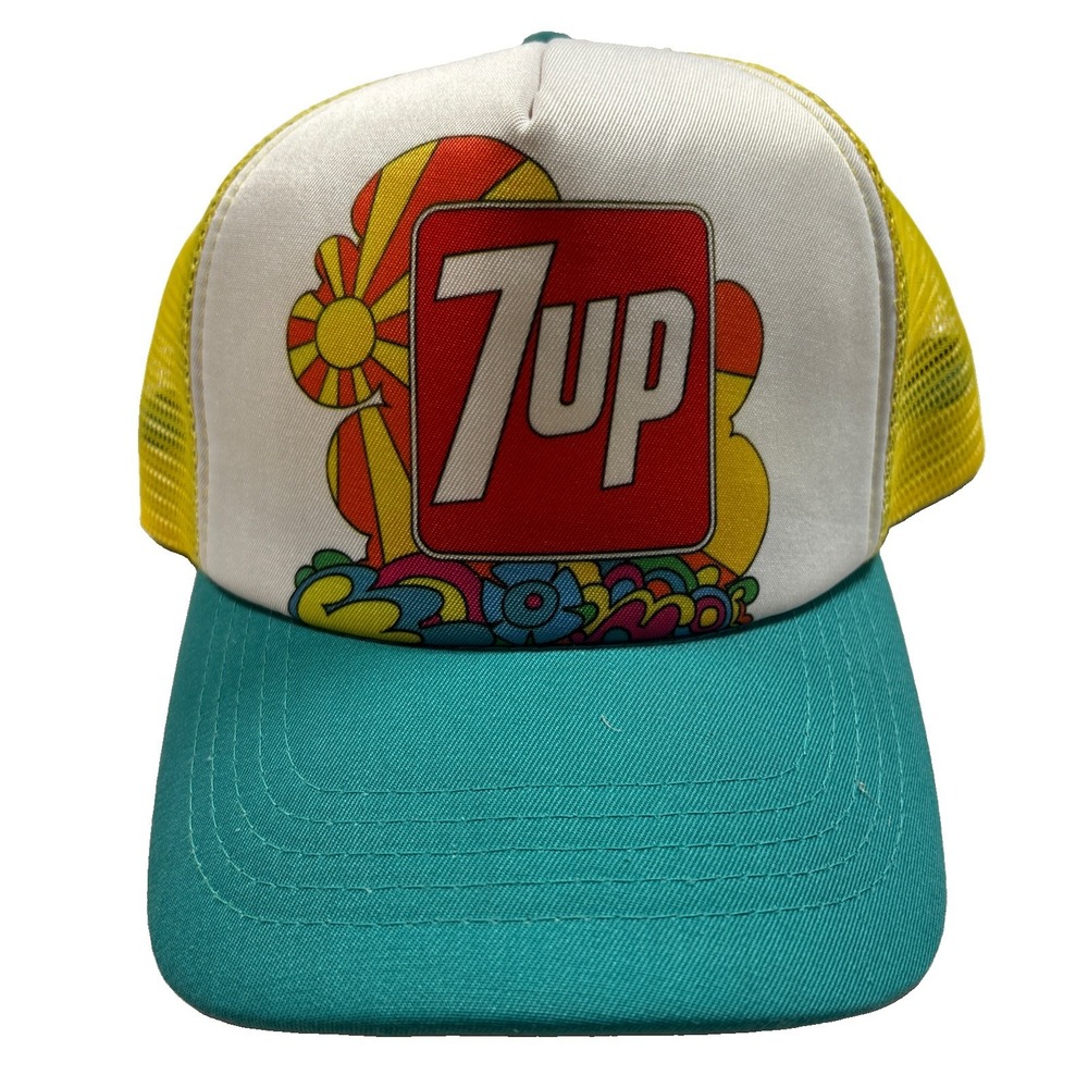 7UP H3 Headwear Retro Floral Trucker Hat Yellow Mesh Teal Snapback OSFM